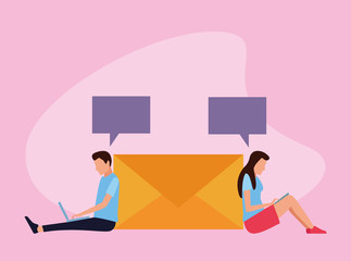 Poster - avatar man and woman using technology devices sitting around of envelope