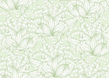 Lily Of The Valley, May-lily Seamless Pattern, Background. Vector Illustration. In Art Nouveau Style, Vintage, Old, Retro Style. On Tea Green Background..