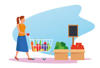 Poster - avatar woman with supermarket car and boxes with vegetables