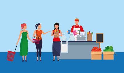 Wall Mural - avatar supermarket worker at cash register with women customers