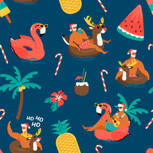Christmas Seamless Pattern With Cute Funny Santa Claus Animals With Reindeer And Flamingo Inflatable Ring. Tropical Christmas. Vector Illustration.