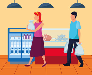 Wall Mural - avatar woman and man on the supermarket near to beverages and meat fridges