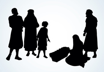 The shepherds came to bow to the newborn baby Jesus. Vector drawing