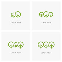 Green Family Logo Set. Big Tree And Small Plant Or Sapling Symbol - Ecology And Environment, Nature Reserve, National Park And Forest Conservation Icons.