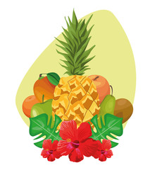 Poster - tropical leaves and flowers with tropical fruits