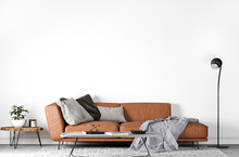 Mock Up Wall In Modern Interior Background, Orange Leather Sofa In Trendy Living Room Design, Scandinavian Style