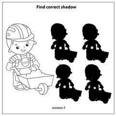 Wall Mural - Puzzle Game for kids. Find correct shadow. Builder with handcart. Profession. Coloring book for children.