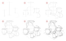 How To Draw Still Life With Baltic Ceramic Dishes. Creation Step By Step Pencil Drawing. Educational Page For Artists. School Textbook For Developing Artistic Skills. Hand-drawn Vector Image.