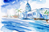 Fototapeta  - Obraz malowany recznie akwarelą przedstawiający ulice w Hawanie