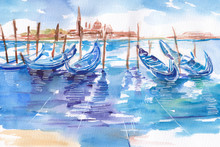 Obraz Malowany Recznie Akwarelą Przedstawiający Przystań Gondoli W Wenecji