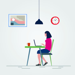 Wall Mural - A business young woman working with laptop in a office. Cool vector flat illustration character design.