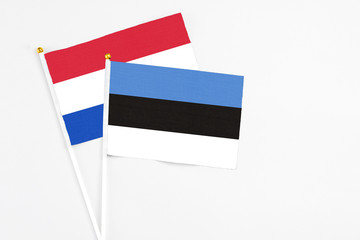Estonia and Paraguay stick flags on white background. High quality fabric, miniature national flag. Peaceful global concept.White floor for copy space.