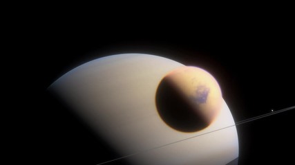 Wall Mural - Titan moon of the large gas planet Saturn. Cinematic animation of Saturn moon 