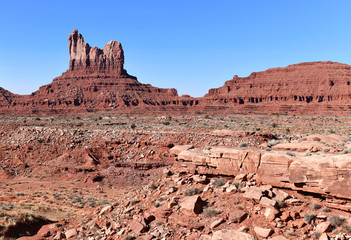 The Red rock desert landscape of Monument Valley, Navajo Tribal Park in the southwest USA in Arizona and Utah, America