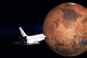 Wall Mural - flying space shuttle close to the mars planet of solar system. mars colonization mission. science fi