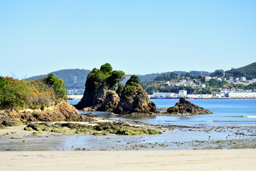 Os Castelos rocks in Seiramar beach, between Covas a Sacido beach, in Viveiro, Lugo, Galicia. Spain. Europe September 21, 2019