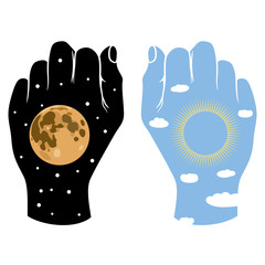 Isolated vector illustration. Two human fists with symbols of sun and moon or day and night. Concept of polarity in nature and human consciousness.