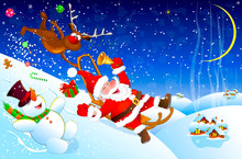 Santa Descends From The Mountain On A Sled. Cheerful Santa Claus Descends From A Hill On A Sled. Santa, Deer And Snowman Have Fun Descending From A Snow Slide. Winter Night