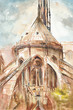 Obraz malowany recznie akwarelą przedstawiający katedre Notre Dame w Paryżu