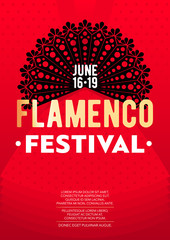 Vertical flamenco festival template with red background, black fan and text. 