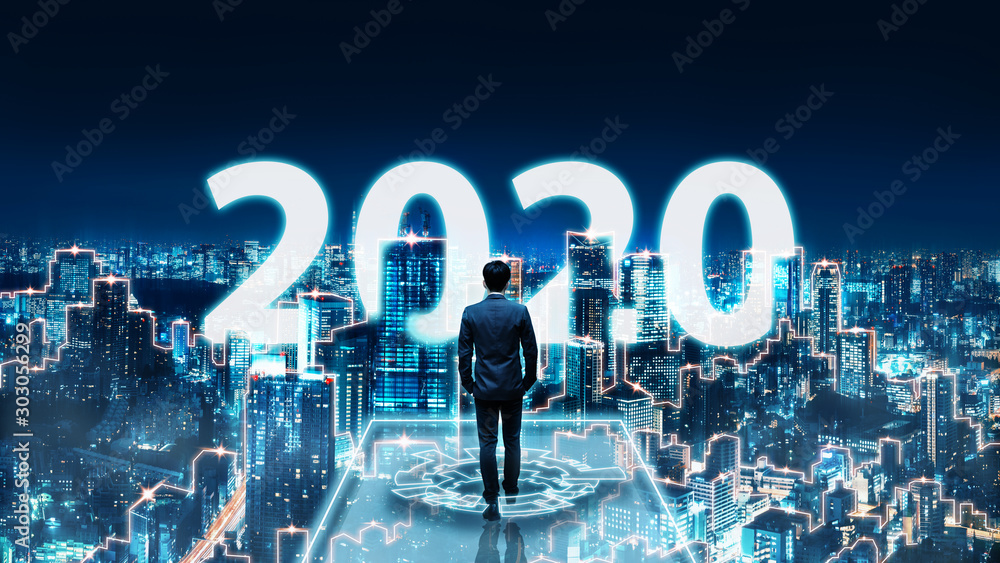 New year 2020 business man on future network city - obrazy, fototapety, plakaty 