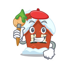 Sticker - Cartoon winter house with in painter character