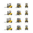 Set of forklift trucks with workers