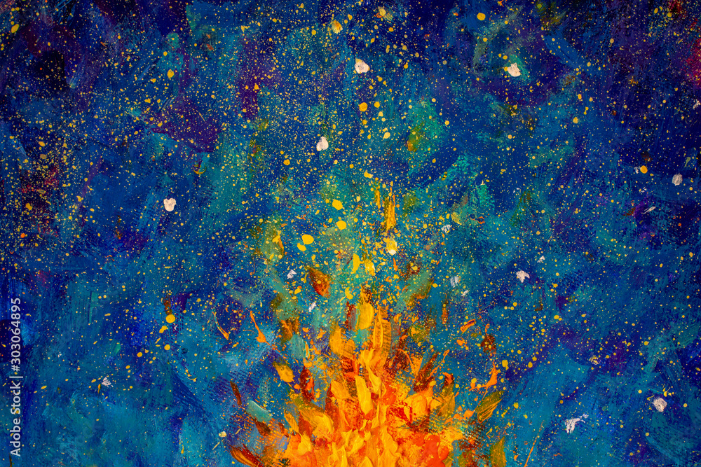 Abstract fire oil painting illustration. Flames of a bonfire against Beautiful night starry sky, Blue Cosmos, galaxy, stars. Colorful space background artwor Impressionism. - obrazy, fototapety, plakaty 