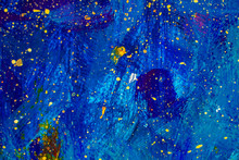 Beautiful Starry Night Sky Background - Painting With Acrylics On Canvas. Colorful Blue Space, Universe Illustration