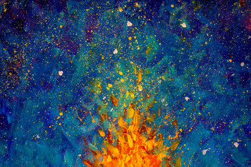 abstract fire oil painting illustration. flames of a bonfire against beautiful night starry sky, blu