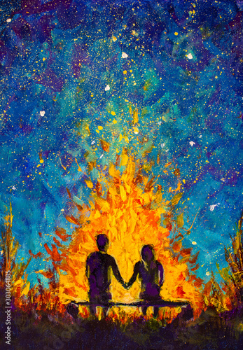 Oil Painting Of Young Couple In Love Holding Hands Sitting On