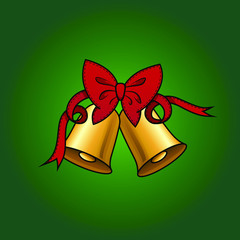 Illustration of two christmas bells with a cute ribbon on top. Traditional holiday symbol and icon design. Decorative element for printing on invitation and greeting cards. Vector on green background