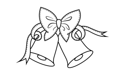 Illustration of two christmas bells with a cute ribbon on top. Traditional holiday symbol and icon design. Decorative element for printing on invitation and greeting cards. line art for coloring page