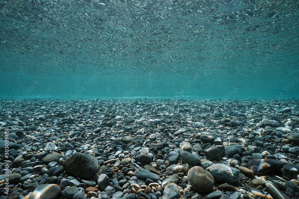 Pebbles rocks underwater below sea surface in shallow water, natural scene, Mediterranean, France - obrazy, fototapety, plakaty 