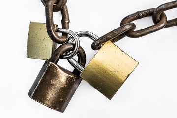 Triple lock, shared access, padlocked security isolated on a white background.