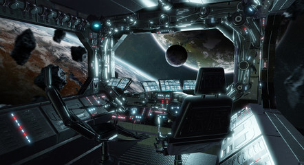 Poster - Spaceship grunge interior control room with view on space 3D rendering elements of this image furnished by NASA