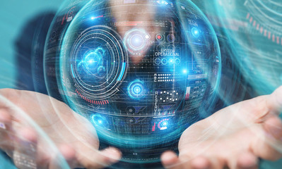 Aufkleber - Woman using digital technological interface with datas 3D rendering