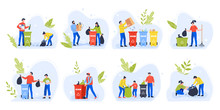 People Separating Garbage. Environment Day Recycle Garbage, Family With Children Sort And Separate Trash To Reduce Environmental Pollution Vector Illustration Set. Waste Sorting Idea