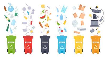 Trash containers. Organic, e-waste, plastic, paper, glass and metal trash containers. Recycling garbage to save the environment vector illustration set. Waste sorting. Recycle idea. Rubbish bins