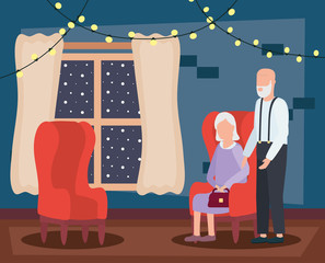 Sticker - grandparents couple in house place with christmas decoration