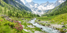 Panorama Einer Landschaft Mit Wildbach Und Gletscher Im Sommerlichen Zillertal In Tirol Österreich