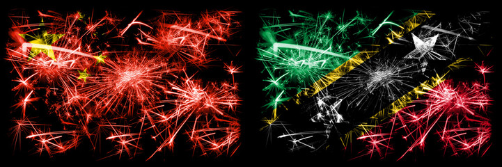 China, Chinese vs Saint Kitts and Nevis New Year celebration travel sparkling fireworks flags concept background. Combination of two abstract states flags.