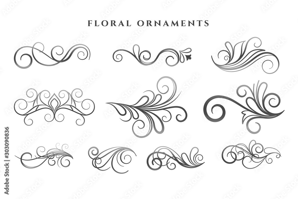 set of floral ornaments decoration swirl patterns - obrazy, fototapety, plakaty 