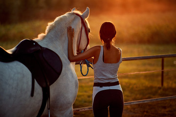 Wall Mural - Young woman and her horse enjoying in the calm summer evening