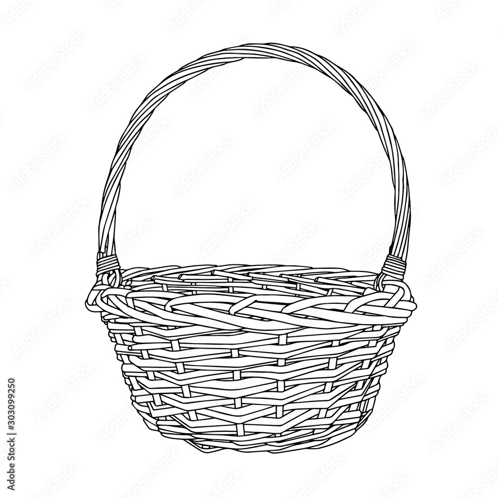 Hand-drawn empty wicker picnic basket. Black and white Basket with a handle made of twigs. The object is isolated on a white background. - obrazy, fototapety, plakaty 