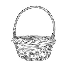 Hand-drawn Empty Wicker Picnic Basket. Black And White Basket With A Handle Made Of Twigs. The Object Is Isolated On A White Background.