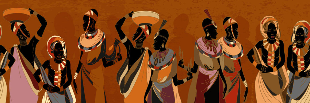 African women silhouettes in national clothes horizontal seamless pattern. Beautiful black females. People of South Africa, vector illustration