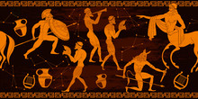 Ancient Greece Horizontal Seamless Pattern. Greek Mythology. Centaur, People, Gods Of An Olympus. Vase Painting. Red Figure Style