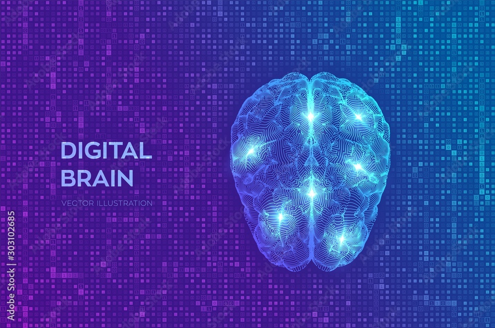 Brain. Digital brain on streaming matrix digital binary code background ...