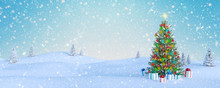 Decorated Christmas Tree And Gifts Outdoors Falling Snow 3d Render 3d Illustration	